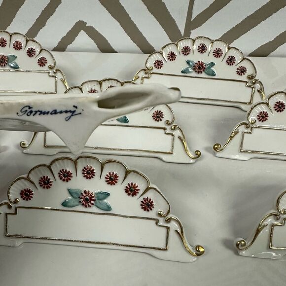 Vintage Porcelain German White Floral Place Name Plates Set...